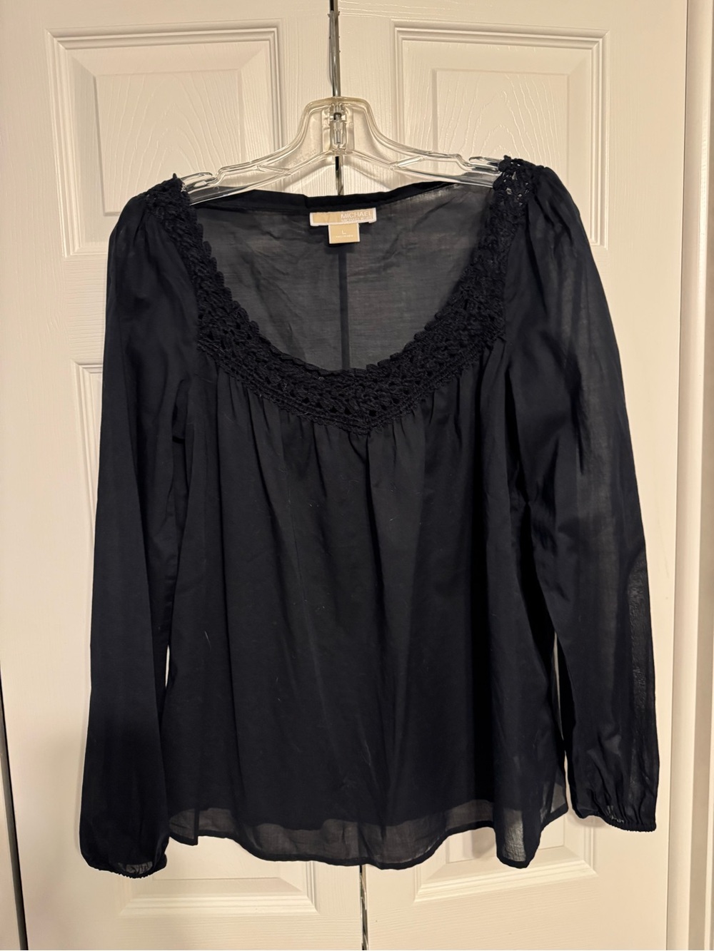 MICHAEL Michael Kors Sheer Black Crochet-Trim Long Sleeve Peasant Blouse